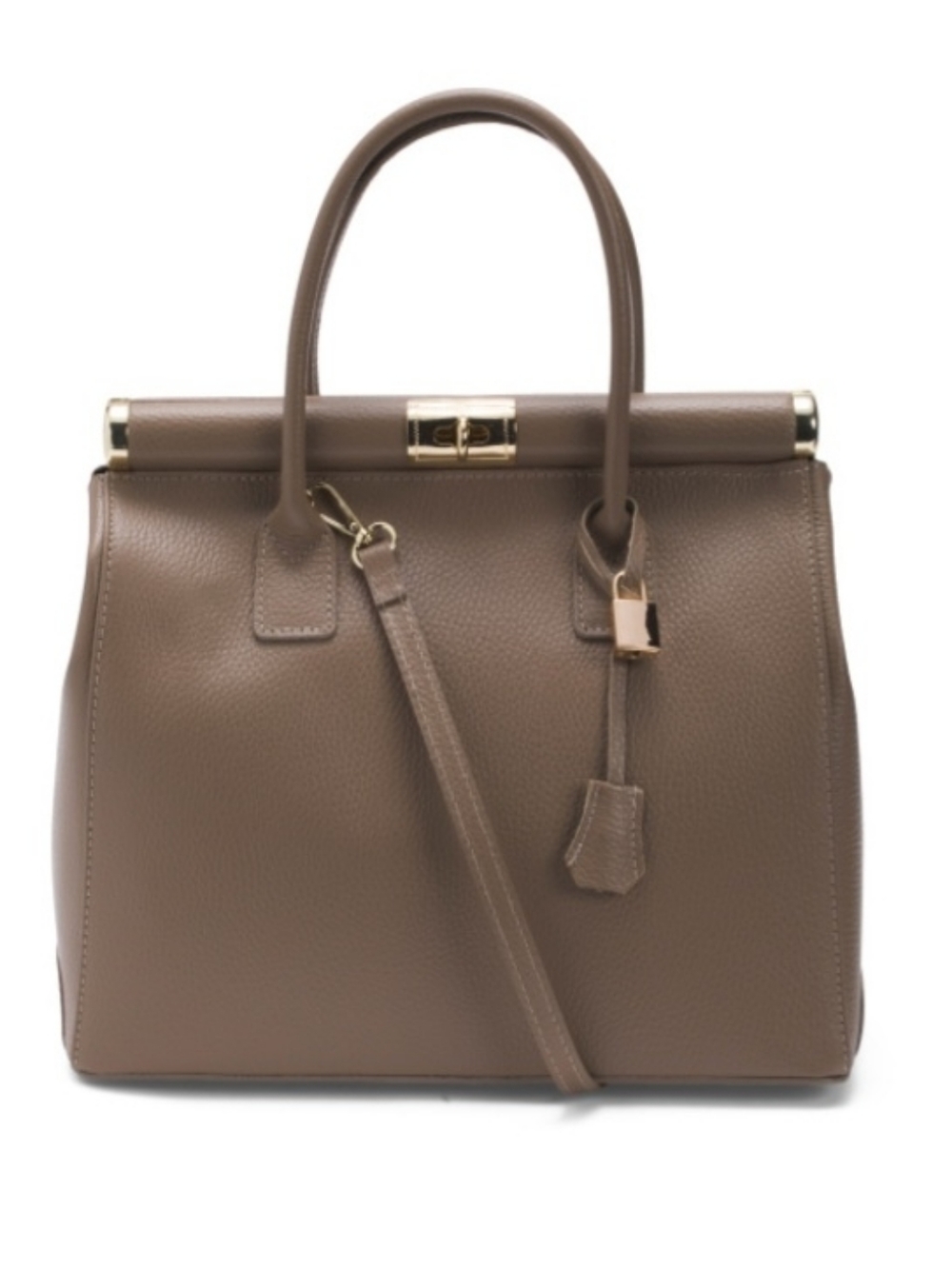Structured Taupe Italian Leather Satchel with Top Handle and Strap